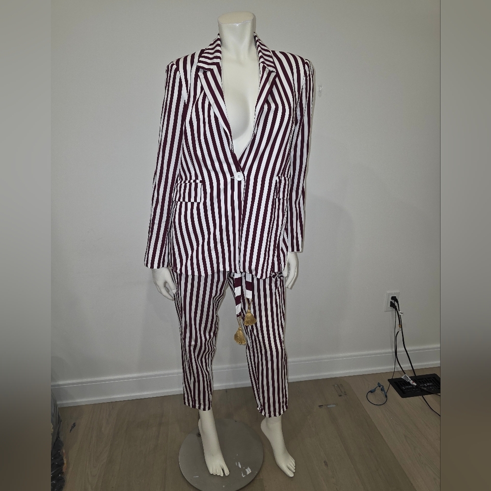 Motel Rocks Striped Matching Set Blazer & Jogger Waist Pants With Tassels